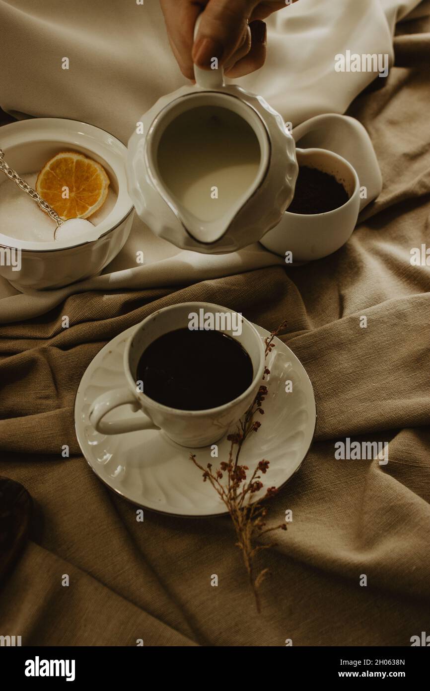 Die weibliche Hand gießt Milch in eine Tasse Kaffee. Stillleben von heißem Kaffee auf braunem Hintergrund. Stillleben-Kaffeefotografie. Stockfoto