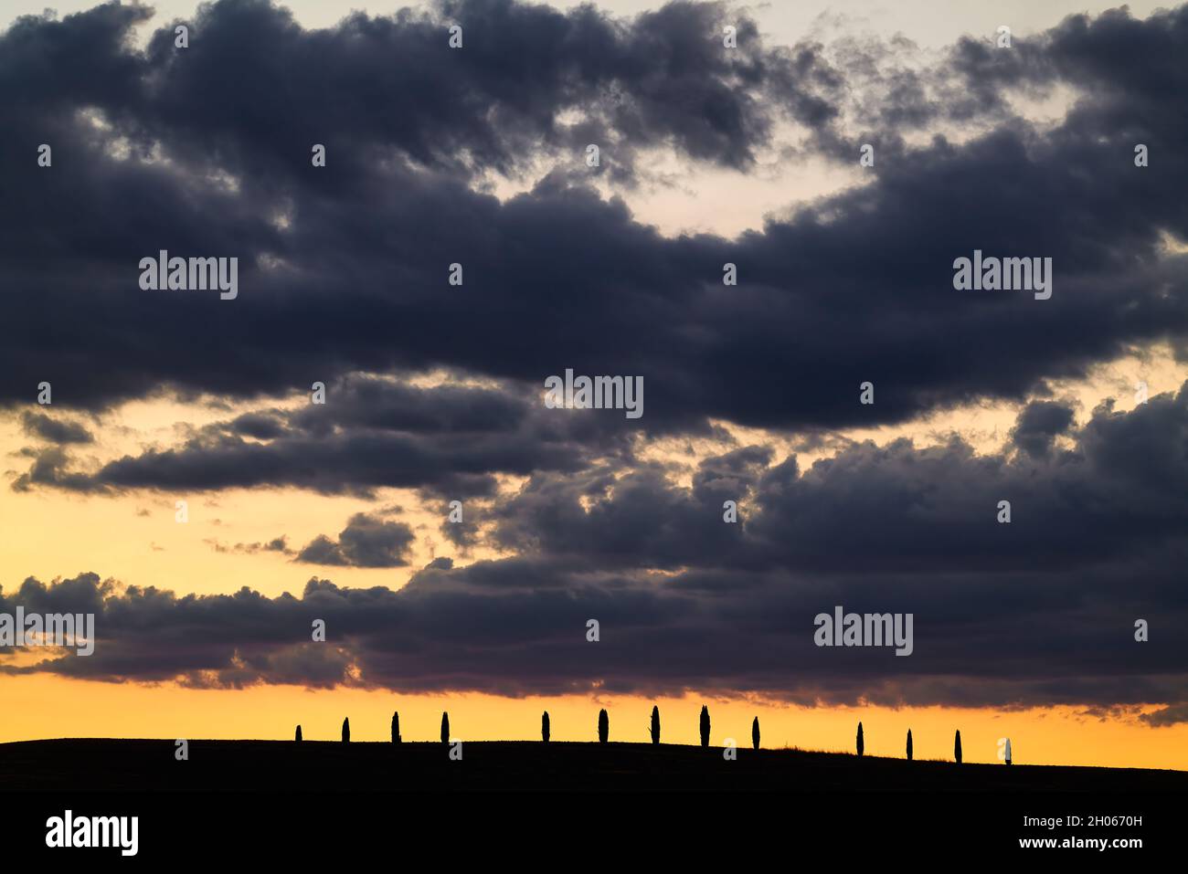 Sonnenuntergang im Val d'Orcia Toskana Italien, mit typischen Zypressen Stockfoto