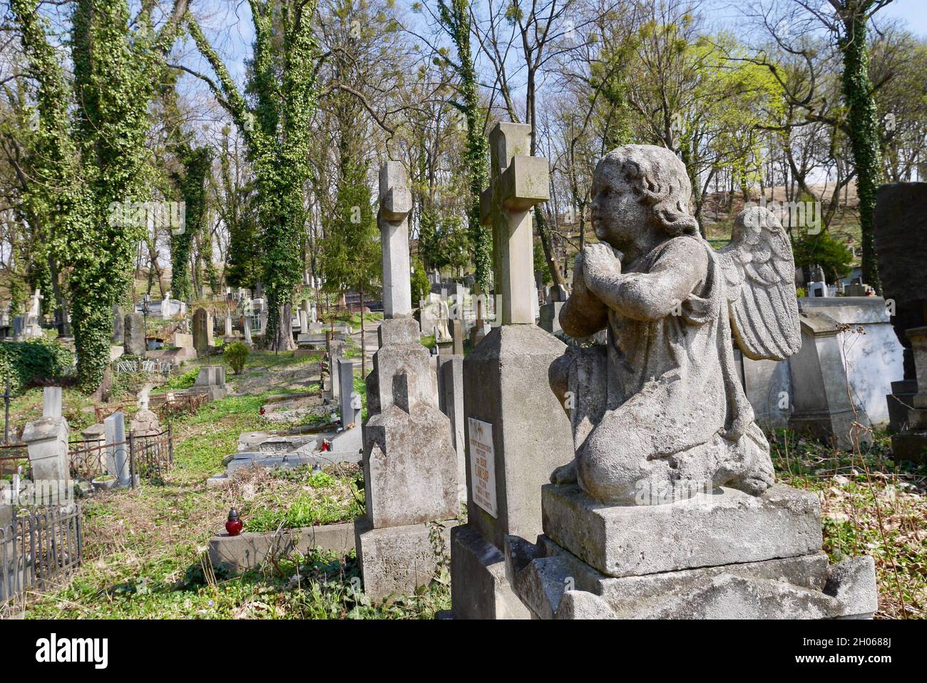 Lviv, Ukraine. 7.04.2019. Grabsteine auf dem Lychakiv Friedhof. Stockfoto