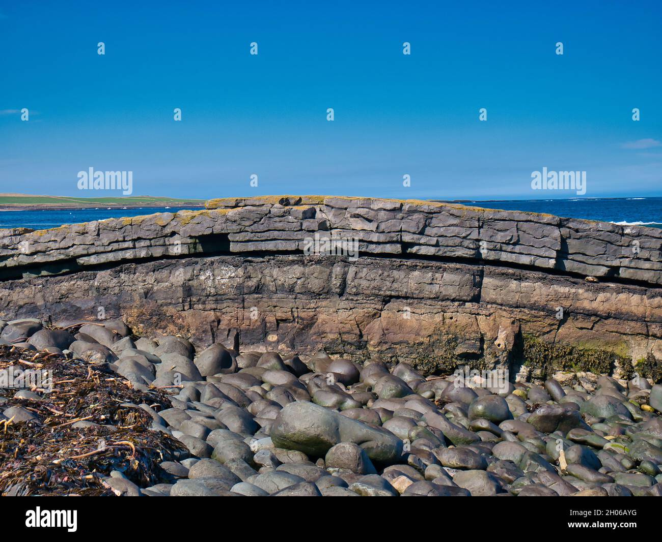 Die gefalteten Gesteinsschichten von Greymare Rock an der Küste von Northumberland, in der Nähe von Dunstanburgh Castle. Ein Ausbiss der Whinschwelle. Stockfoto
