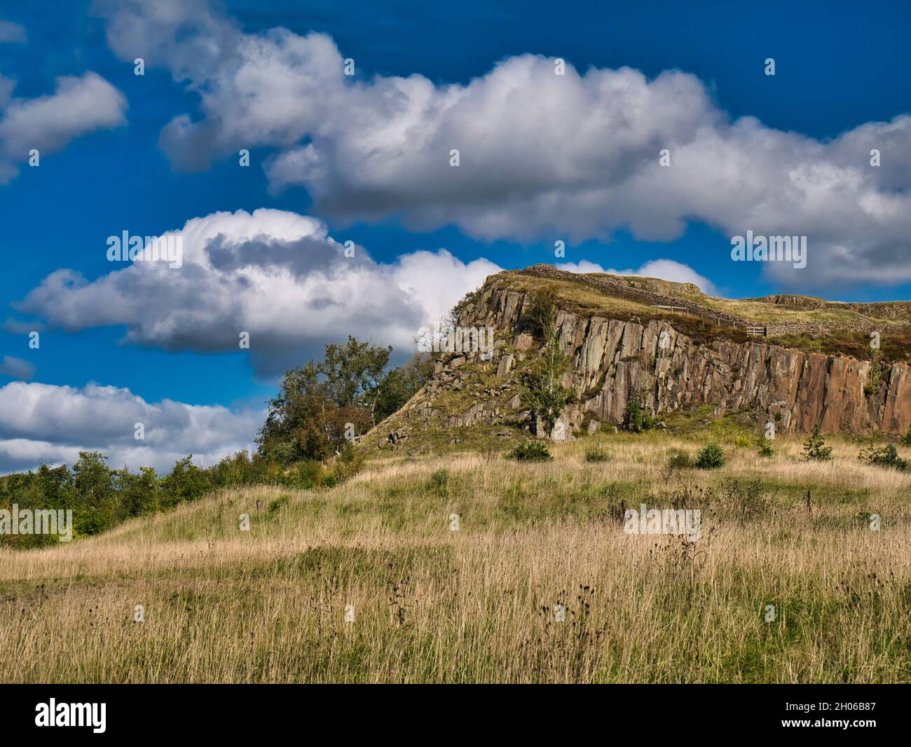 Ein Felsvorsprung des igneous Rock Dolerit im Walltown Country Park in Northumberland, England, Großbritannien. Der Aufschluss ist Teil der Großen Whinschwelle. Stockfoto