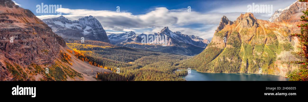 Panoramablick auf den Glacier Lake mit den kanadischen Rocky Mountains im Hintergrund Stockfoto