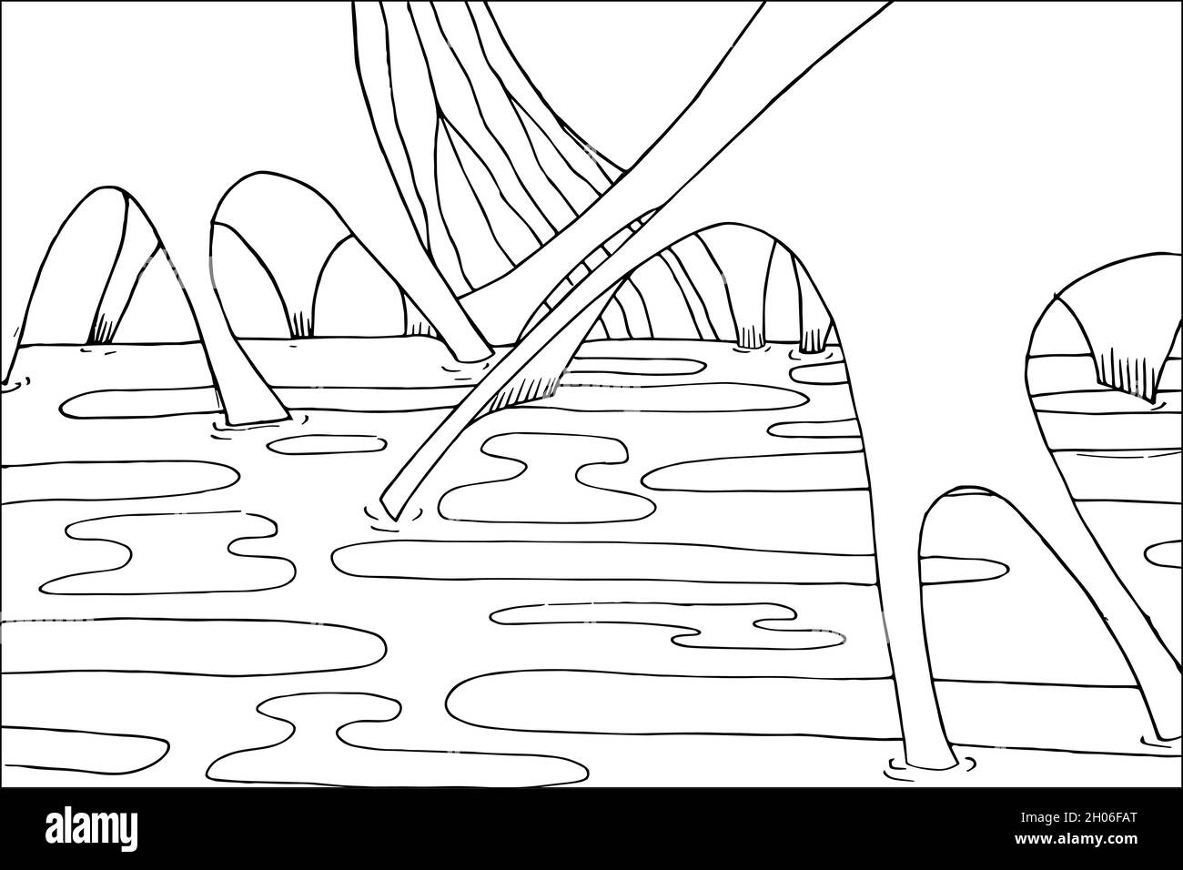 Doodle außerirdische Fantasy-Landschaft mit großen Krater Malseite für Erwachsene. Fantastische psychedelische Grafik. Vektor von Hand gezeichnet einfach flach illustrr Stock Vektor