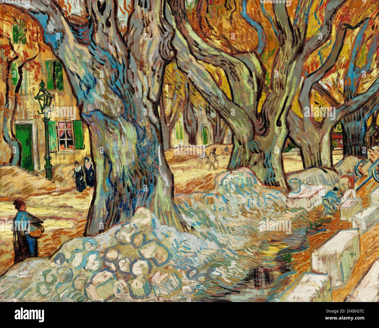 Die großen Platanen (Road Menders at Saint-Rémy) (1889) von Vincent Van Gogh. Stockfoto