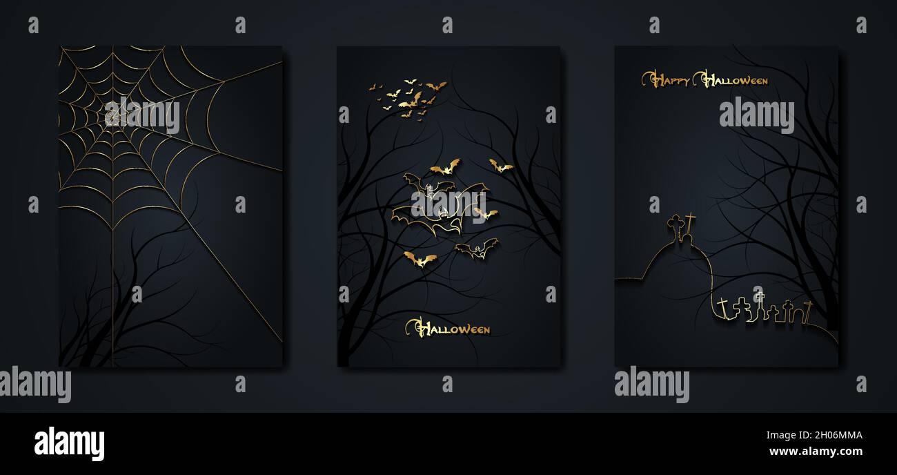 Halloween-Party, Set Goldkarten gruseligen dunklen Hintergrund, Silhouetten von Charakteren und gruselige Fledermäuse mit Gothic Haunted Castle, Horror Thema Konzept Stock Vektor