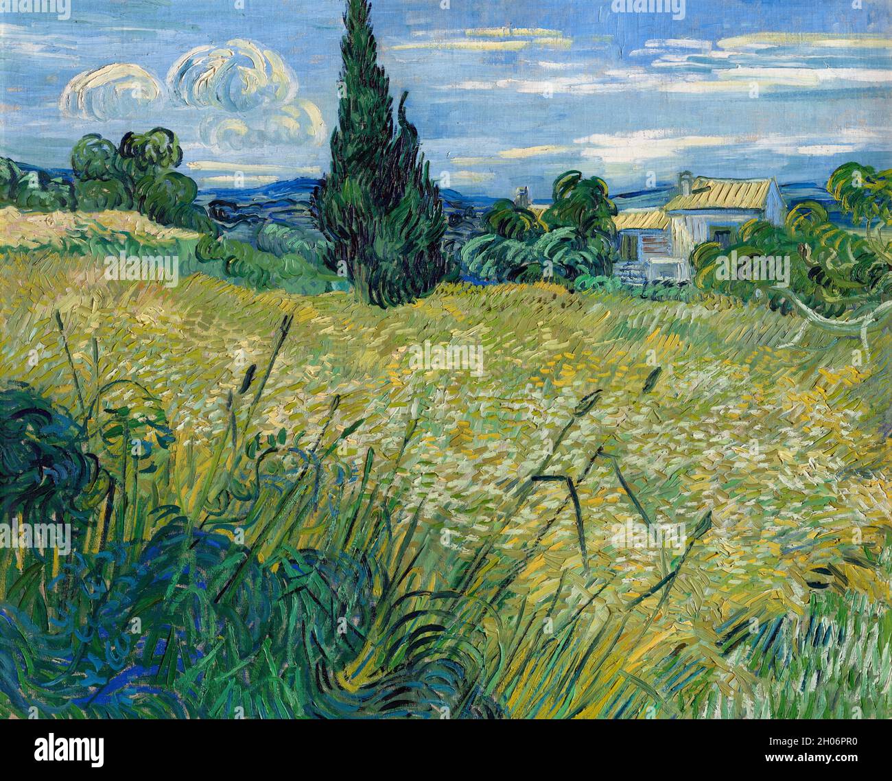 Vincent van Gogh Grünes Weizenfeld mit Zypresse (1889). Stockfoto