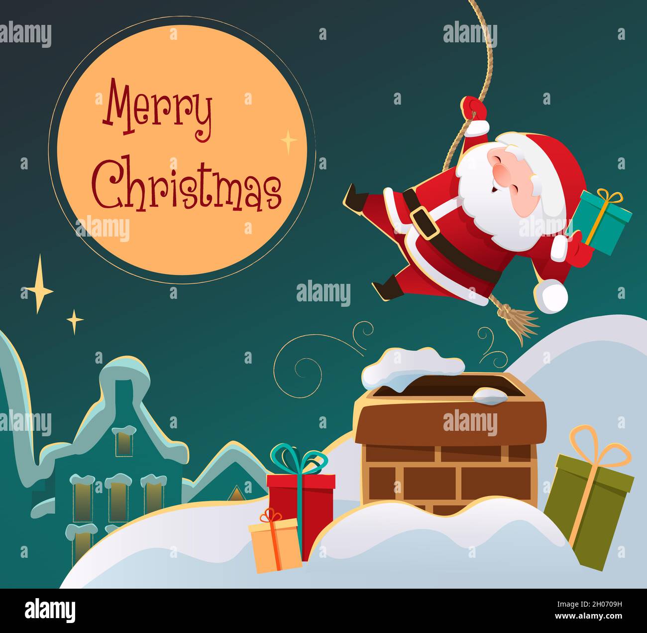 Der niedliche Weihnachtsmann geht den Kamin auf dem Dach des Hauses hinunter. Weihnachtskarte, Hintergrund, Banner im Cartoon-Stil. Vektorgrafik Stock Vektor