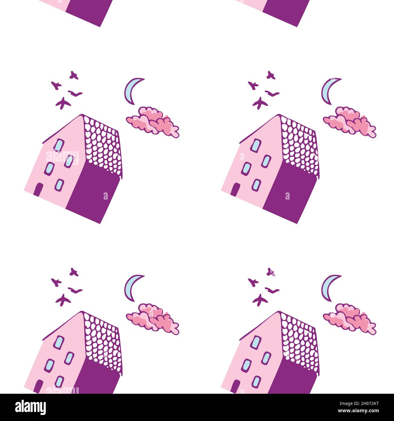 Weißes Hintergrundmuster mit rosa und violetten Häusern, blauem Mond, Wolken und Vögeln. Stock Vektor