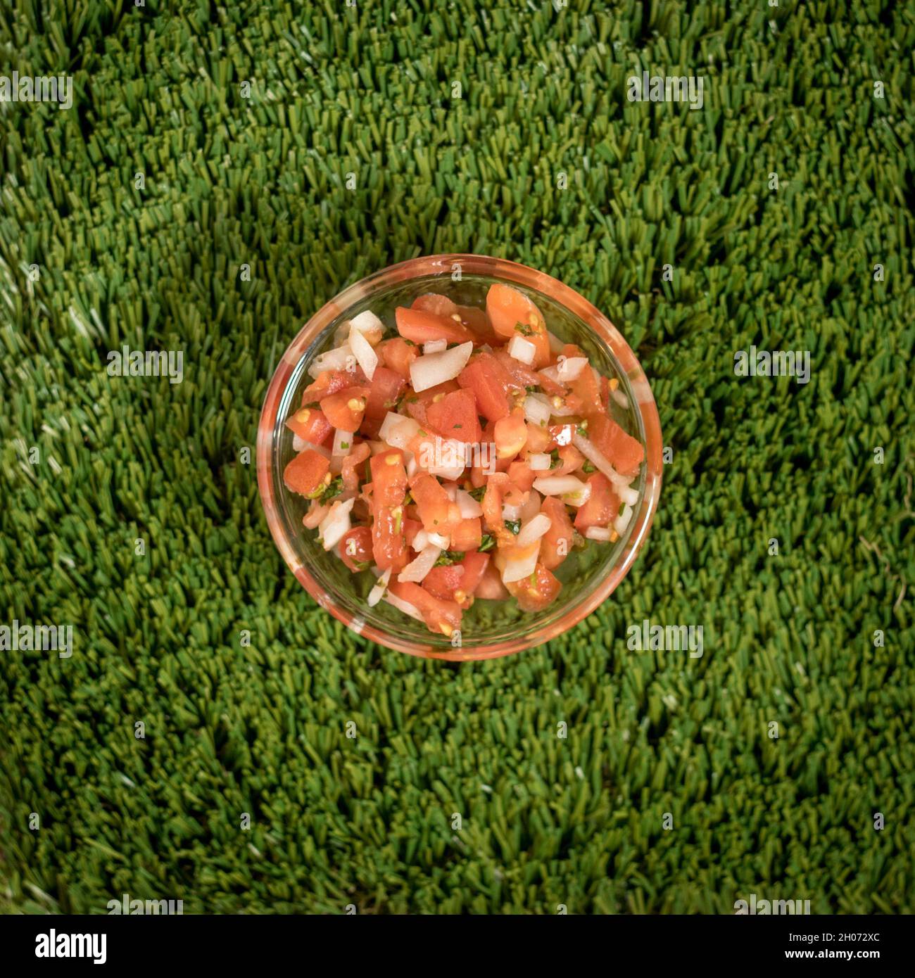 Pico de gallo in einer Glasschale auf Imitationsgras. Stockfoto