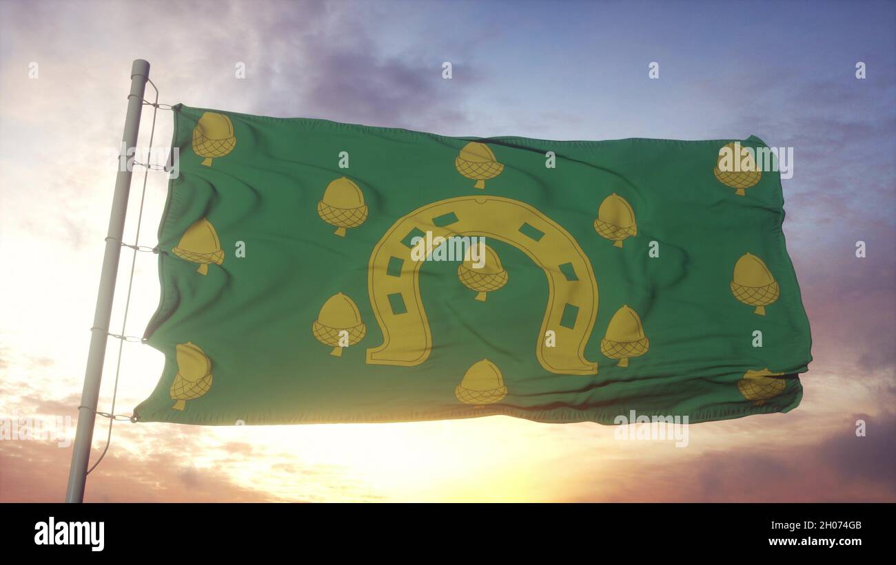 Rutland Flagge, England, winkt im Wind, Himmel und Sonne Hintergrund. 3D Rendern Stockfoto