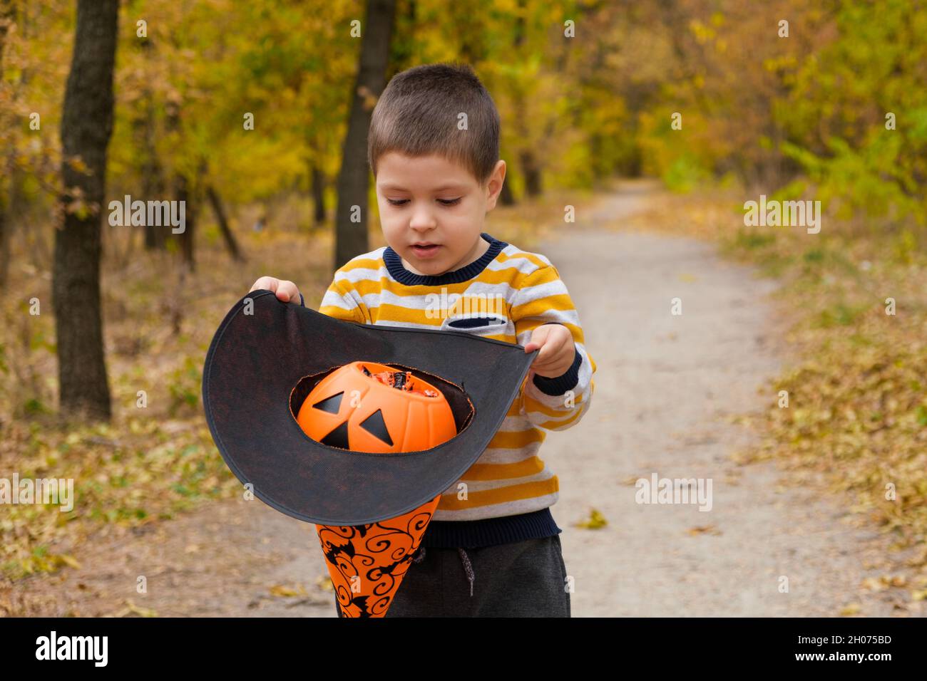 Ein 4-jähriger Junge hält einen Hut und Kürbis im Herbstwald. Stockfoto
