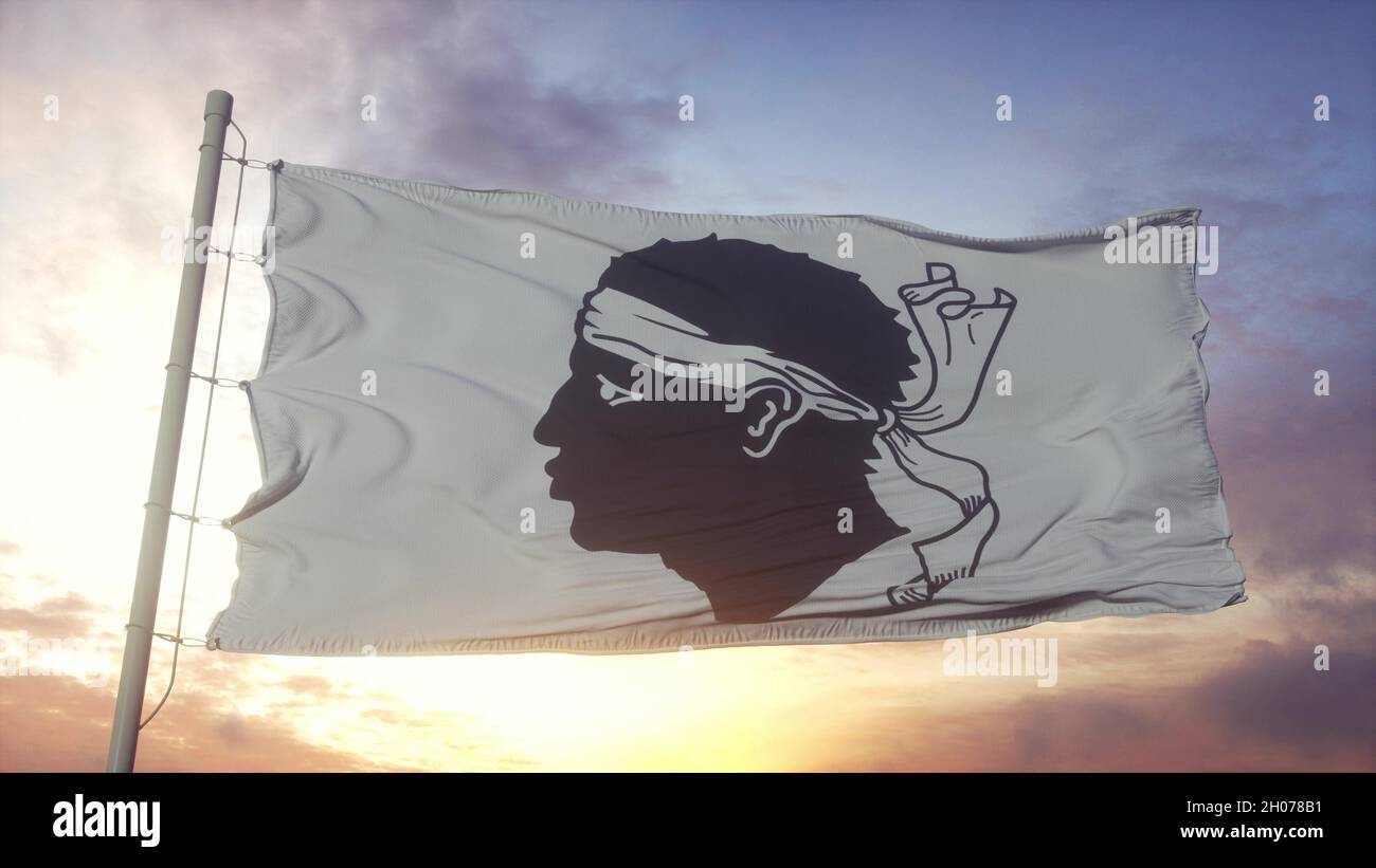 Flagge Korsikas, Frankreich, winkt im Wind, Himmel und Sonne Hintergrund. 3D Rendern Stockfoto