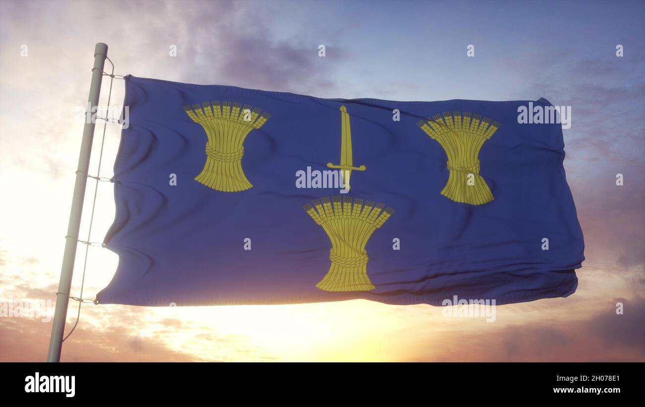 Die Flagge von Héshire, England, winkt im Wind-, Himmel- und Sonnenhintergrund. 3D Rendern Stockfoto