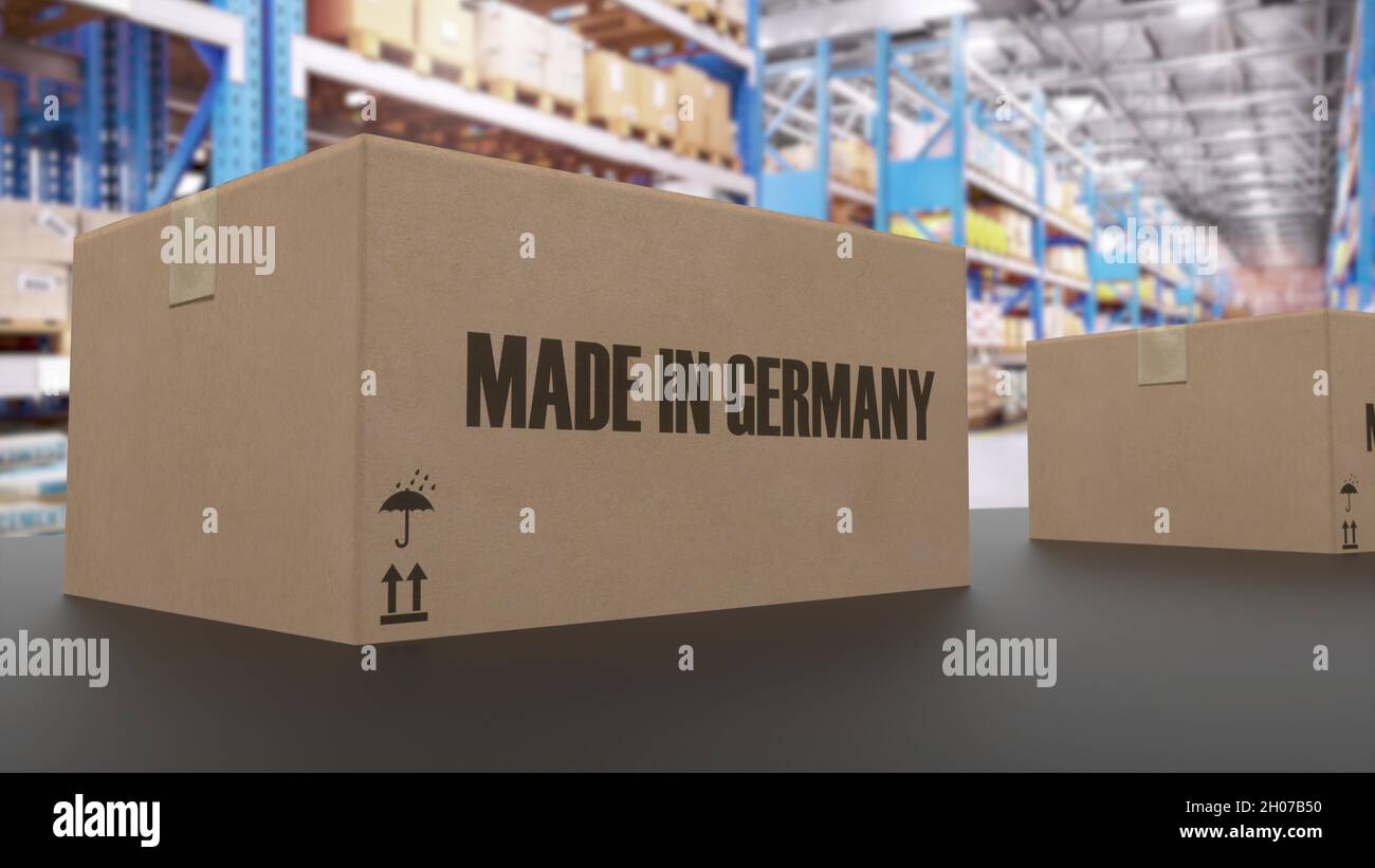 Boxen mit MADE IN GERMANY Text auf Band. Mit amerikanischen Waren verbunden. 3D Rendern Stockfoto