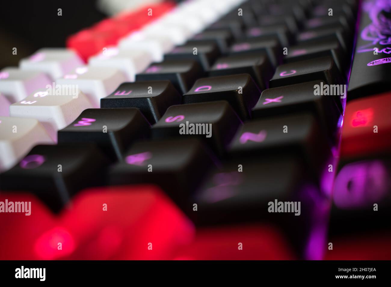 Violette, hintergrundbeleuchtete mechanische Tastatur mit schwarzen, weißen und roten Tastenkappen in einem Winkel Stockfoto