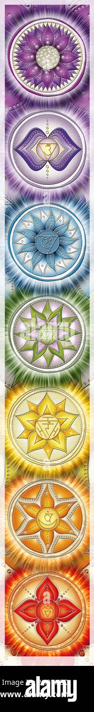 Chakra Wallpaper: Crown Chakra, Third Eye Chakra, Hals Chakra, Herz Chakra, Solar Plexus Chakra, Sakrales Chakra, Wurzelchakra Stockfoto