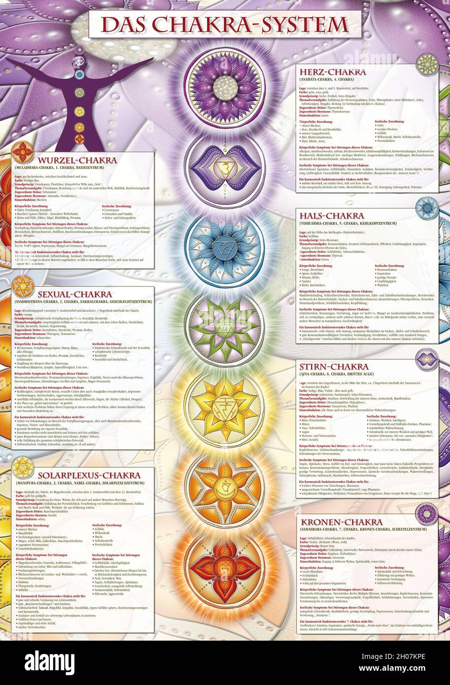 Chakra Wallpaper mit Beschreibung, deutsch: Kronenchakra,Drittes Auge Chakra, Kehlchakra, Herzchakra, Solar Plexus Chakra, Sacral Chakra, Wurzelchakra Stockfoto