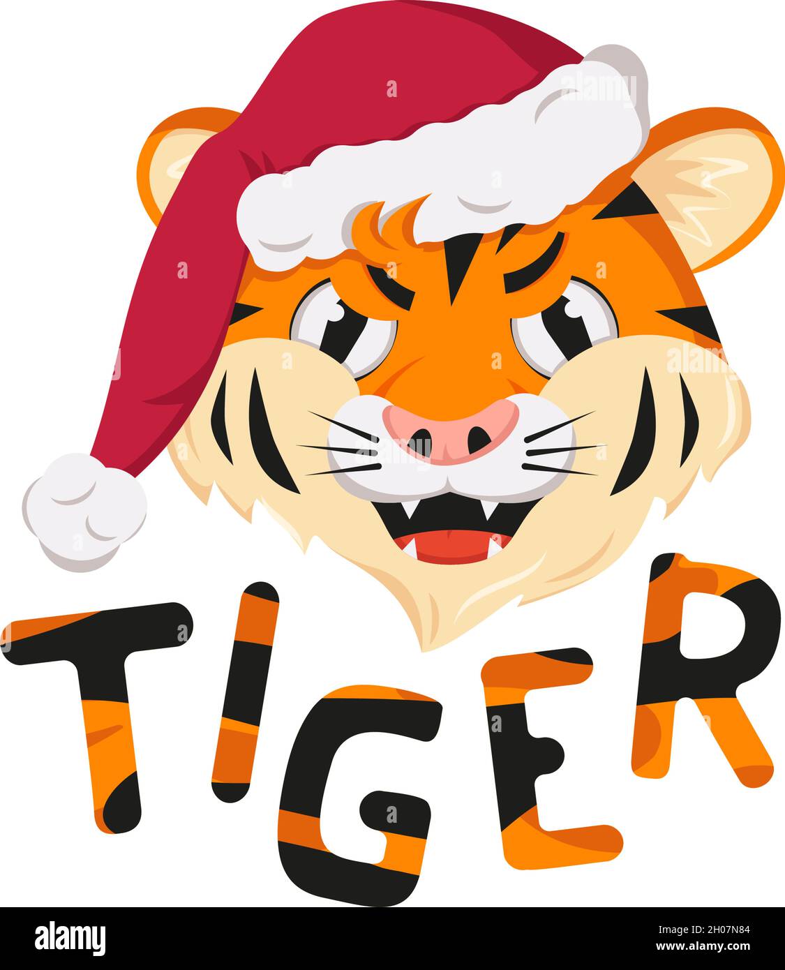 Wütend Tiger, Symbol des neuen Jahres in roten Weihnachtsmann Hut. Wilde Tiere Afrikas, Gesicht mit furiosen Emotionen, Feiertagsdekoration mit orange gestreiften Schriftzügen Stock Vektor