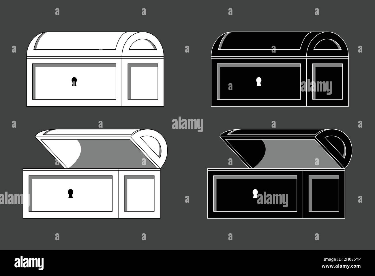 Schatzkiste offen und geschlossen schwarz weiß umrandet Stock Vektor