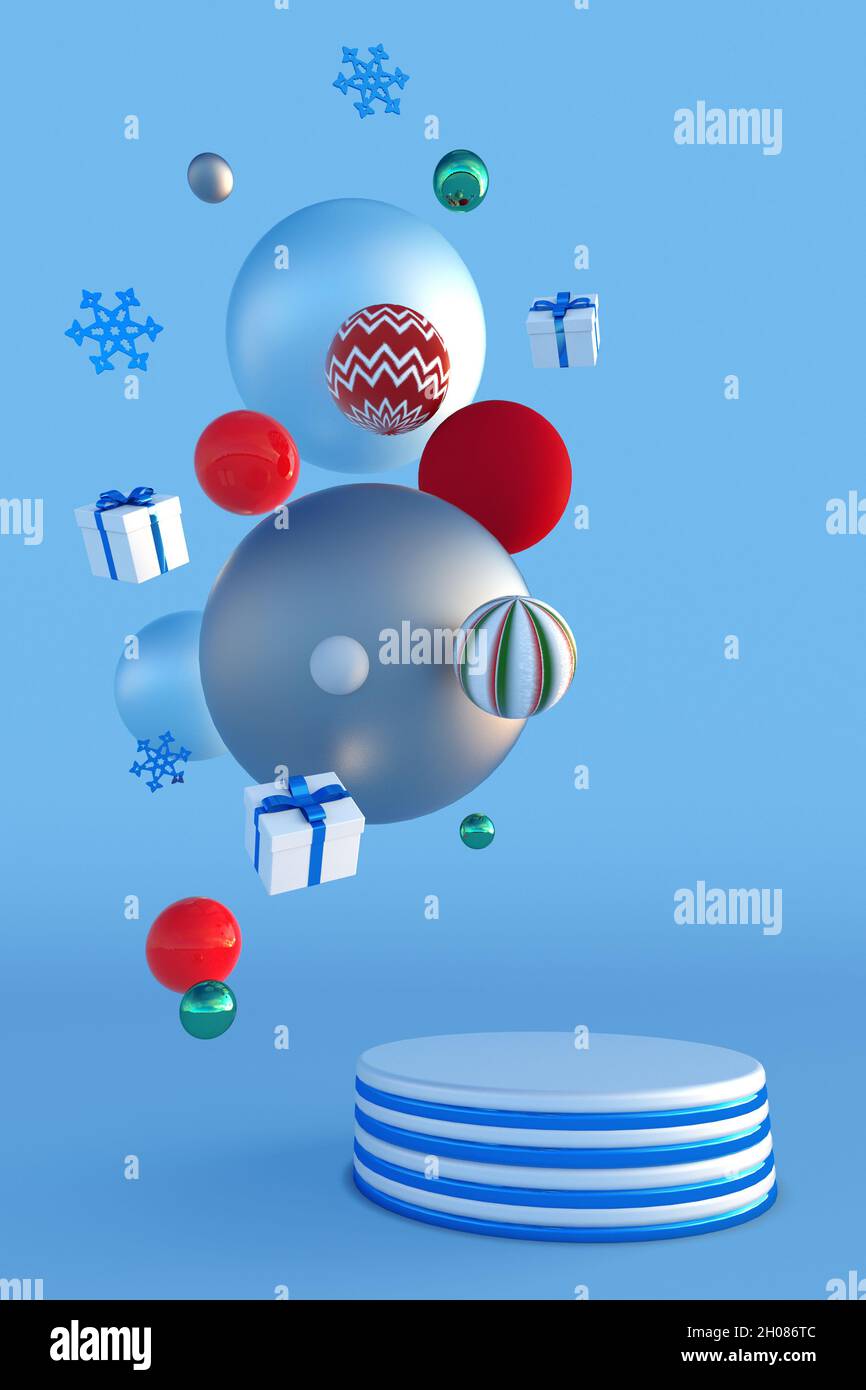 Abstraktes rot-blaues festliches 3D-Podium mit weihnachtlichen Schneeflocken und Geschenken. Kreative Wintermockup für Silvester Urlaub, Promo, Party, Event-Design. Stockfoto