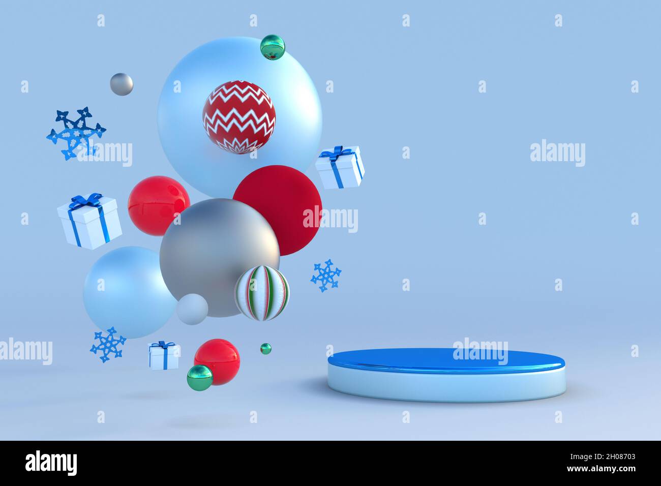 Abstraktes rot-blaues festliches 3D-Podium mit weihnachtlichen Schneeflocken und Geschenken. Kreative Wintermockup für Silvester Urlaub, Promo, Party, Event-Design. Stockfoto
