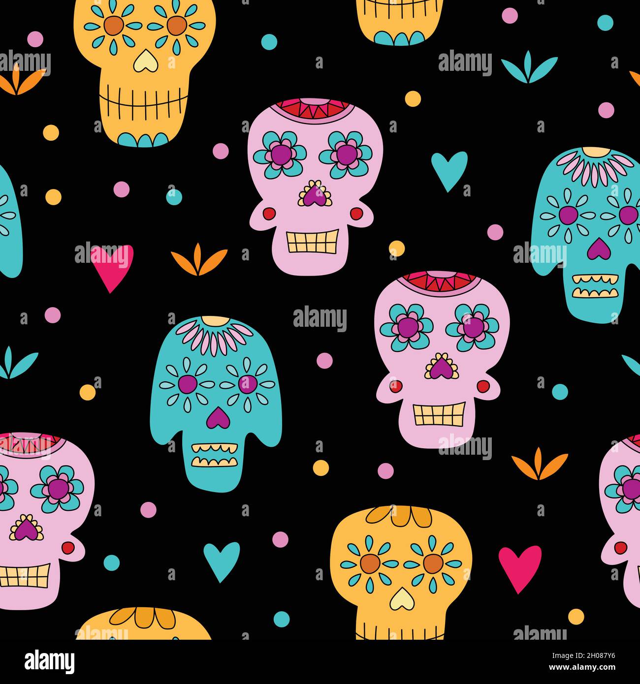 Sugar Skull - Nahtloses Muster auf schwarz. „Day of the Dead“-Konzept. Design für Stoff oder Verpackung Stock Vektor