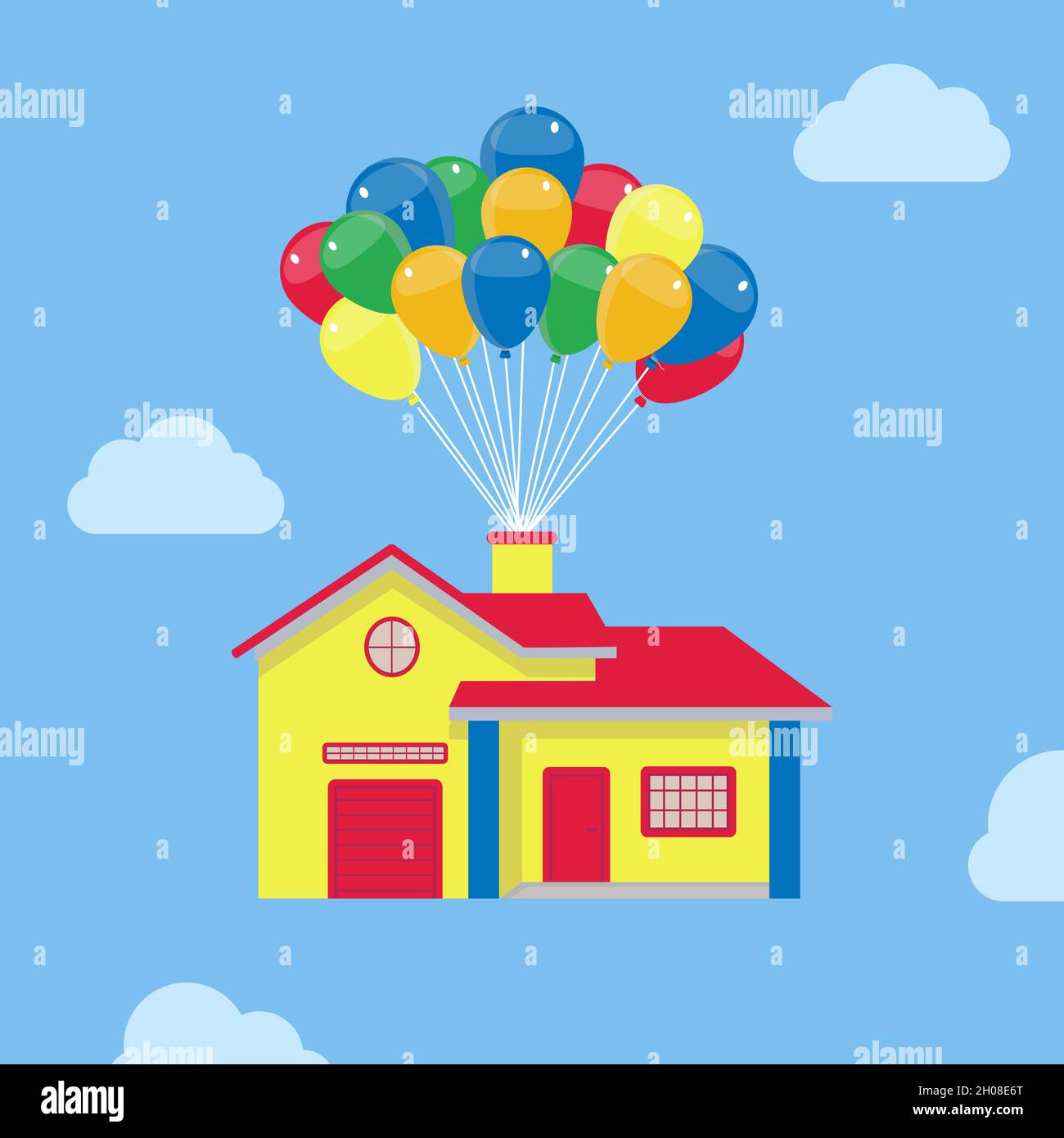 Haus schweben durch den Himmel, getragen von bunten Ballons. Konzeptionell und fantasievoll. Stock Vektor