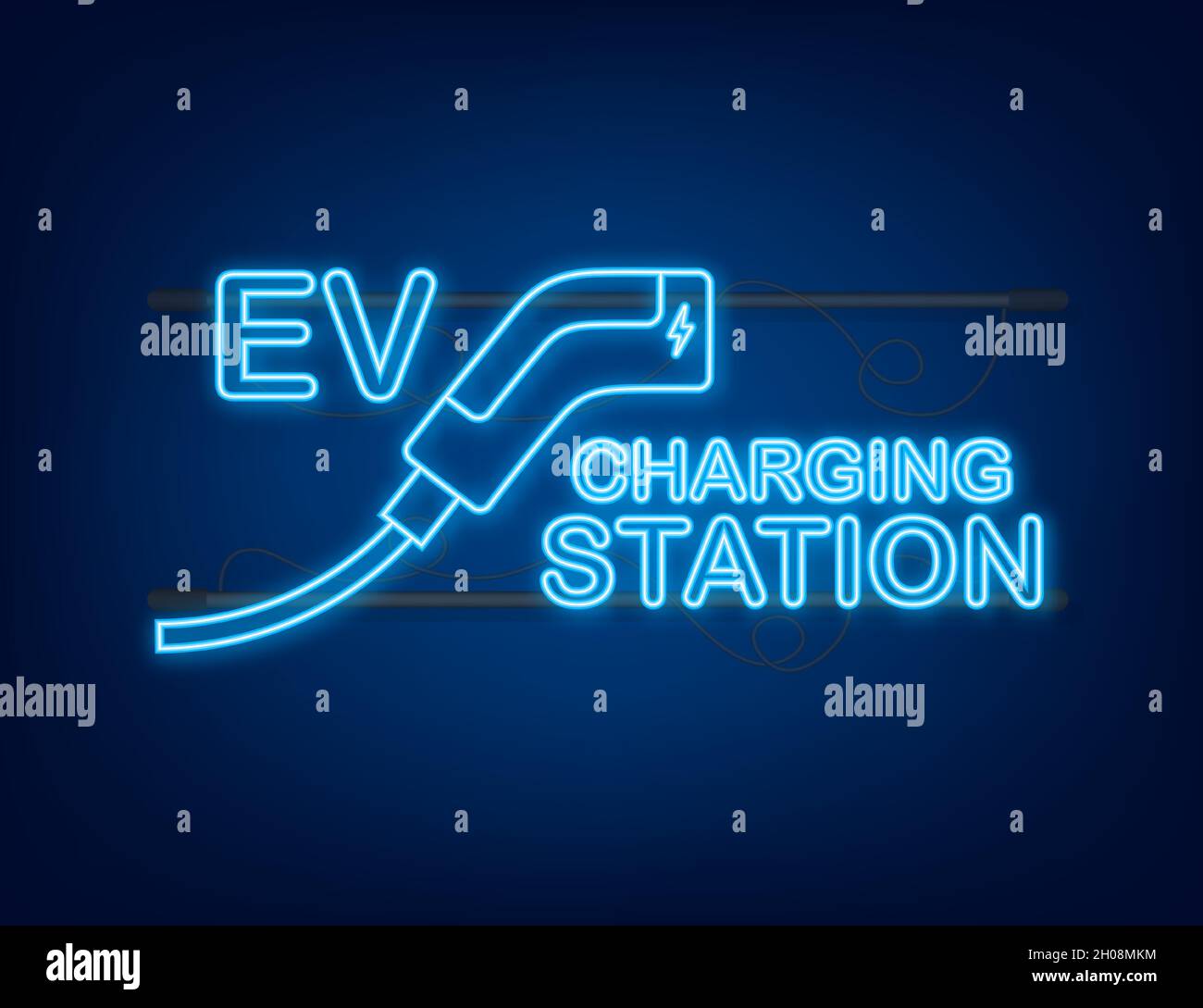 Elektroautos laden auf leeren Parkplätzen, schnelle Kompressorstation und viele kostenlose Ladestationen. Fahrzeug im Stromnetz Stock Vektor