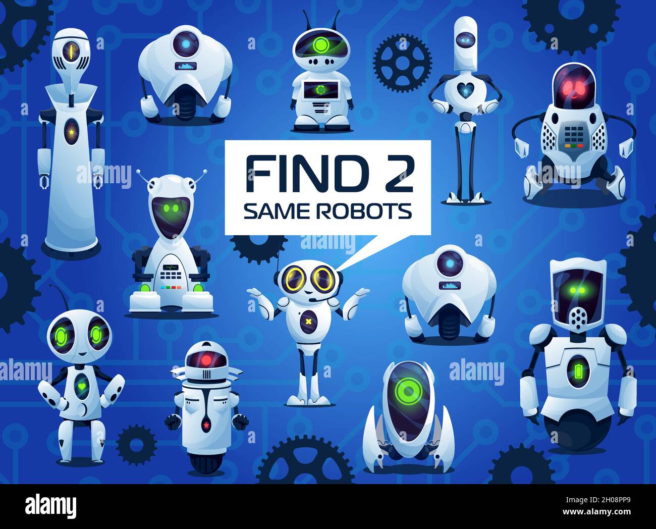 Finden Sie zwei gleiche Roboter Cartoon Kinder Spiel, Vektor-Rtsel mit ai  Cyborgs. Logiktest fr Kinder mit Androiden und Bots fr knstliche  Intelligenz. Bildung w Stock-Vektorgrafik - Alamy
