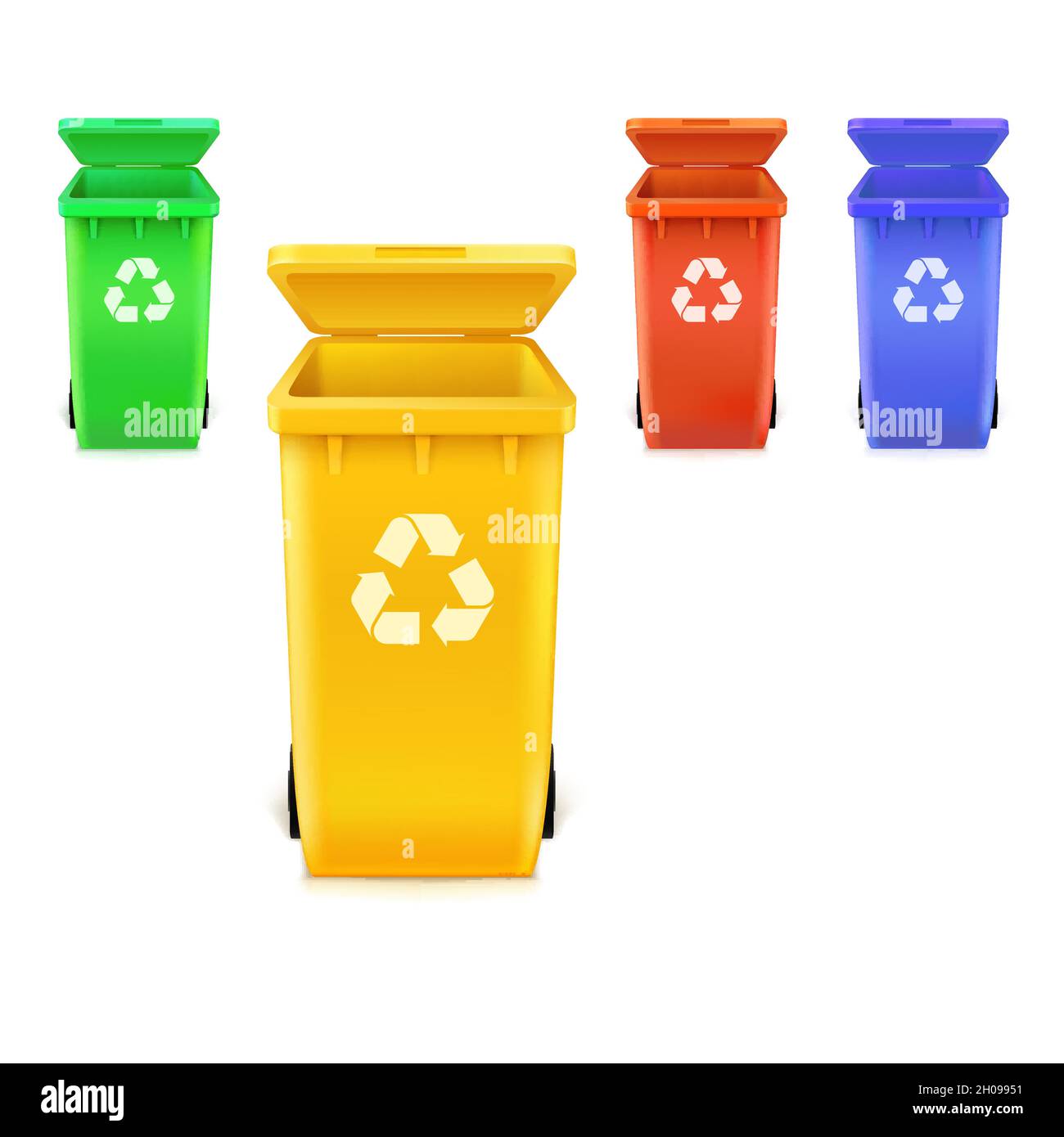 Satz von Symbolen Mülltonnen auf Weiß isoliert. Symbol für umweltfreundliches Recycling von Abfällen auf der Vorderseite der Behälter. Stock Vektor