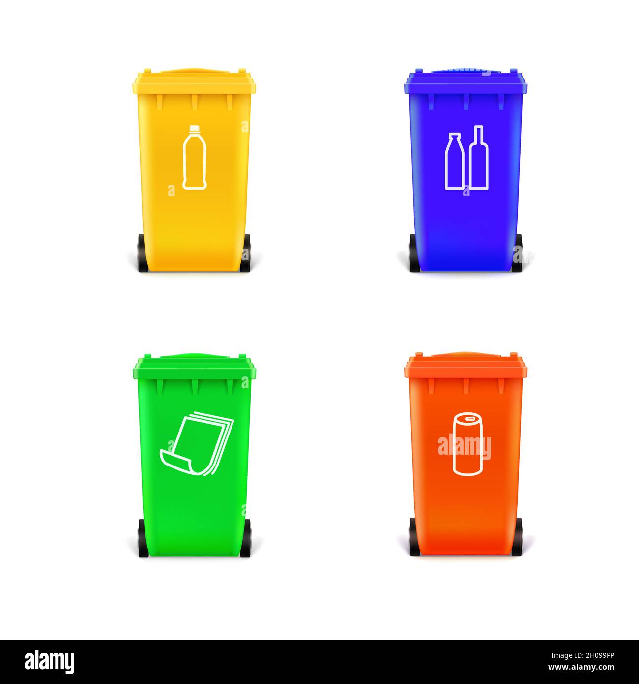 Satz von Symbolen Mülltonnen auf Weiß isoliert. Realistische Abfallbehälter. Stock Vektor