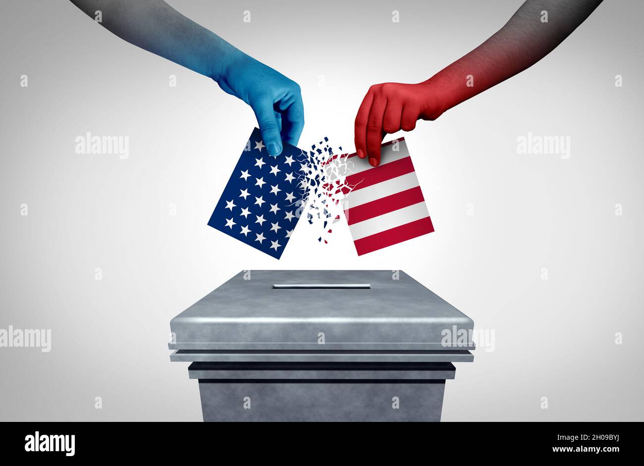 Die amerikanische Politik kämpft und die US-Wahlen oder die Vereinigten Staaten wählen in einem Wahllokal einen Konflikt zwischen der Linken und der Rechten oder den Konservativen und Liberalen Stockfoto