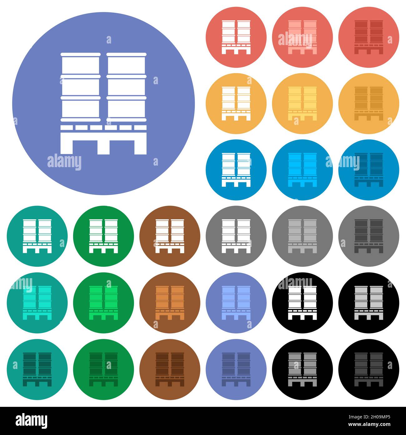 Palette mit Fässern mehrfarbige flache Symbole auf runden Hintergründen. Inklusive weißer, heller und dunkler Symbolvarianten für schwebe- und aktive Statuseffekte, Stock Vektor