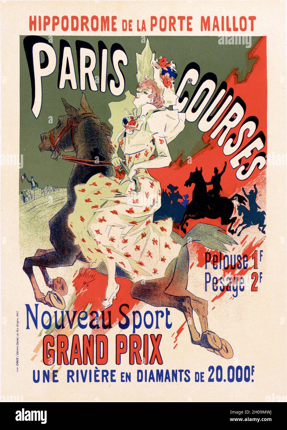 Französisches Vintage Poster, das Pferderennen auf dem Hippodrom Port Maillot in Paris, Frankreich, anwirbt von Jules Chéret , 1895 Stockfoto