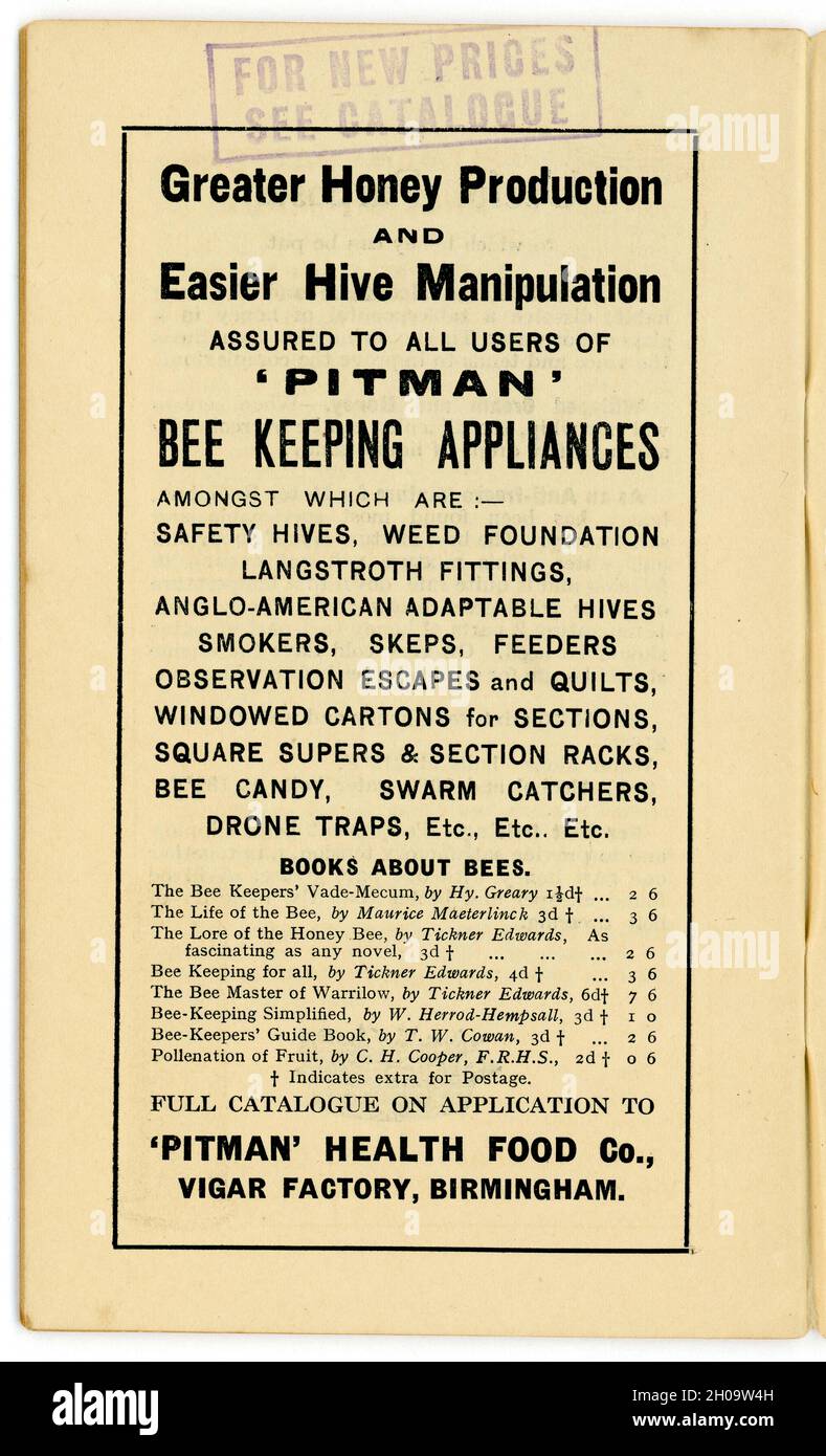In der Broschüre für gesunde Ernährung, Gläser Gesundheit aus der Lebensmittelbibliothek Nr. 12, dieses in der Serie Honey and the Bee von James Henry Cook veröffentlichte Birmingham vom 1927 Stockfoto