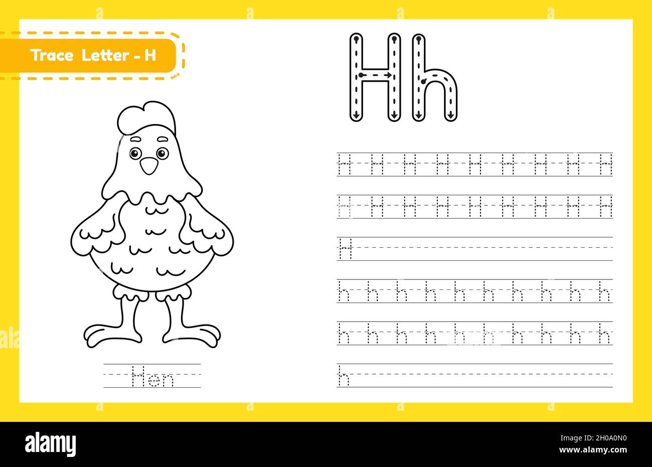 Trace-Buchstabe H in Groß- und Kleinbuchstaben. Alphabet Tracing Praxis Vorschule Arbeitsblatt für Kinder Englisch lernen mit niedlichen Cartoon Tier. Coloring boo Stock Vektor