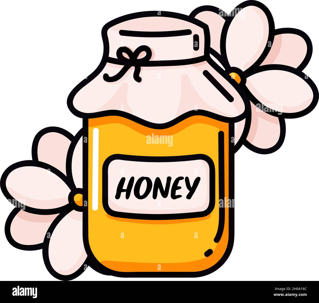 Honigglas mit Blumen Vektorgrafik. Süße Bio-Rohhonig Ikone Zeichnung, natürliche Lebensmittelgeschäft Konzept. Gesunde vegane Ergänzung in Doodle Cartoon-Stil auf weißem Hintergrund isoliert. Stock Vektor