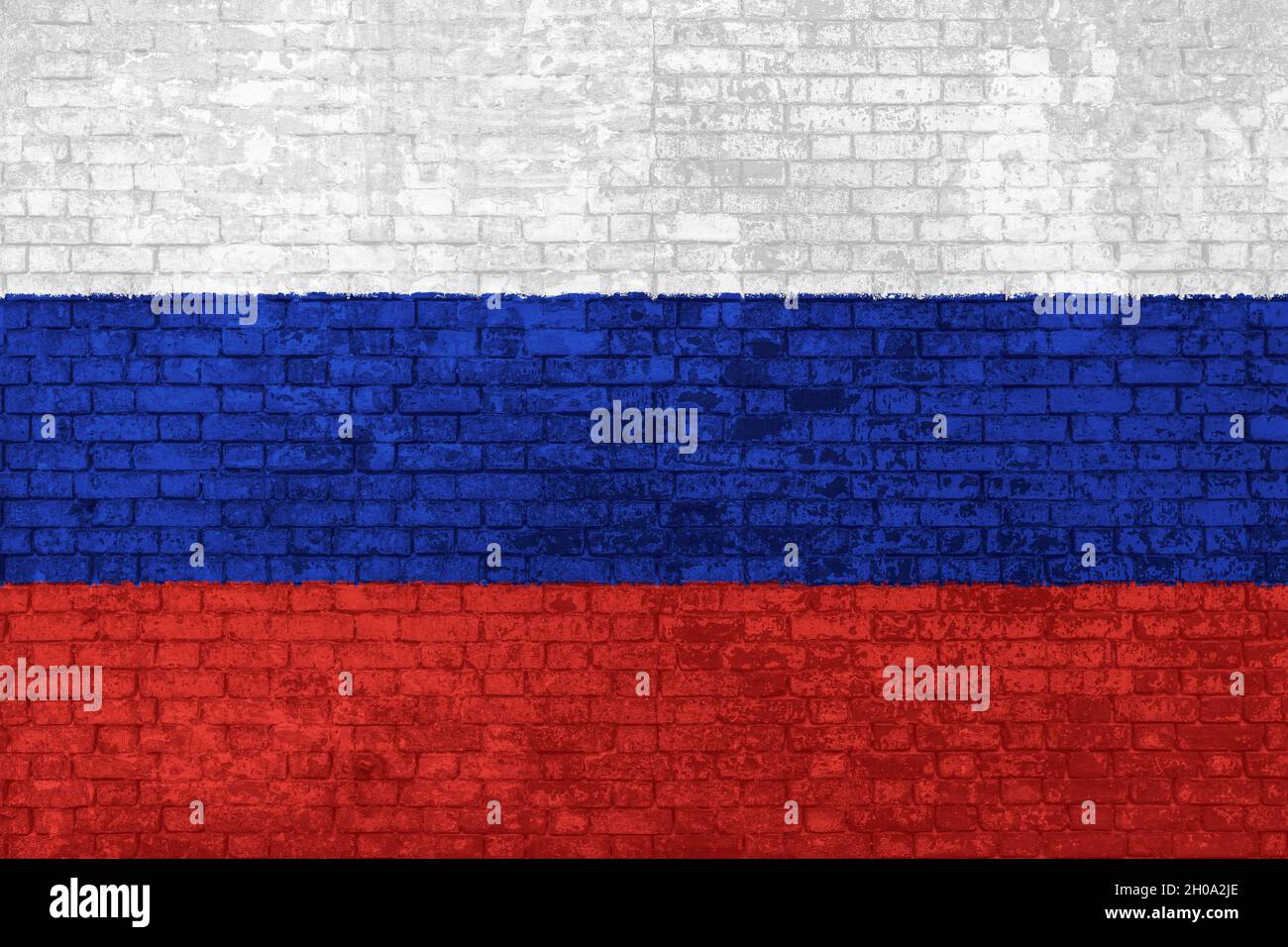 Wand aus Ziegeln mit der Russland Flagge, weiß, blau und rot in 3D Hintergrund gemalt. Konzept der sozialen Barrieren der Einwanderung, Spaltungen und Stockfoto