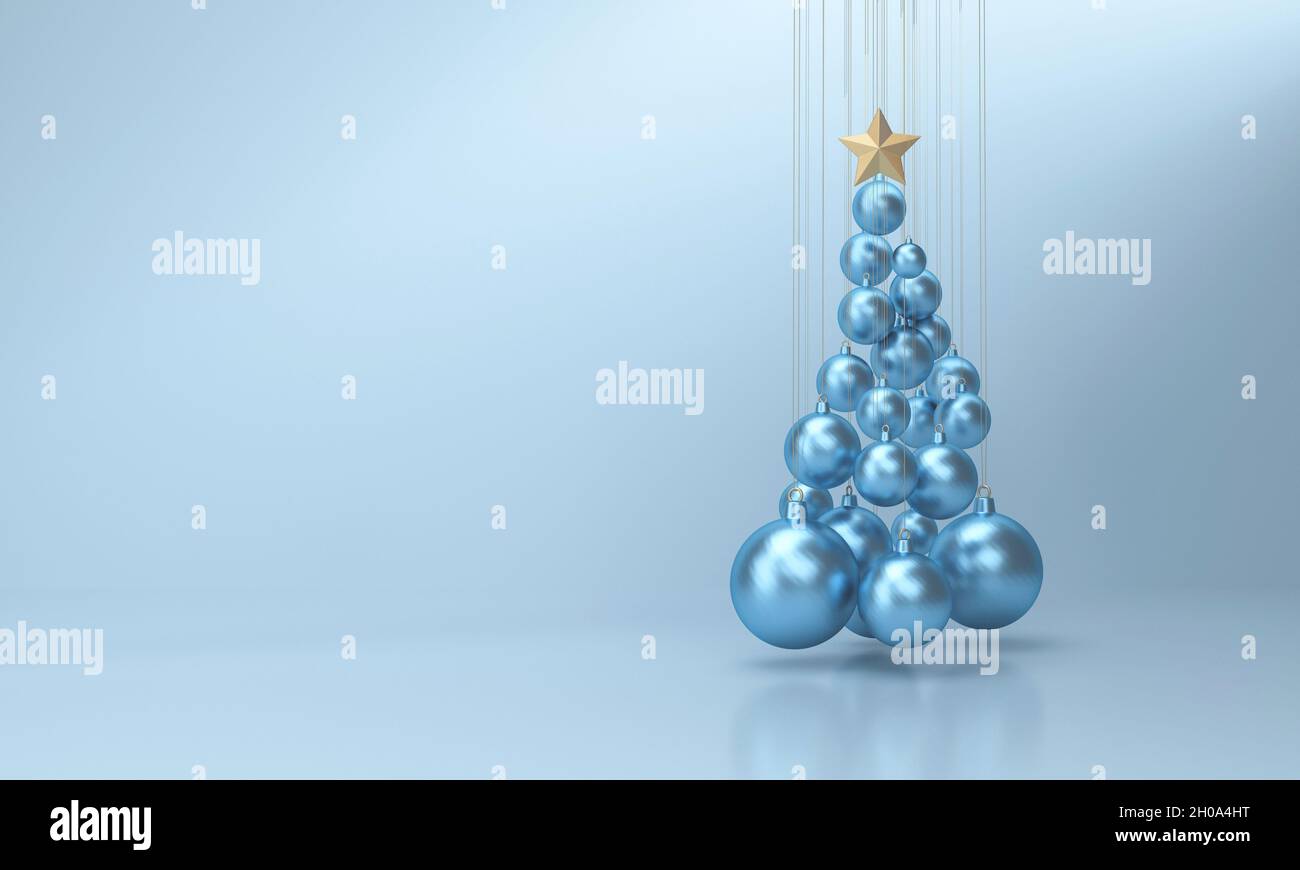 Weihnachtsbaum mit weihnachtskugeln auf blauem Studiohintergrund. 3D-Rendering Stockfoto