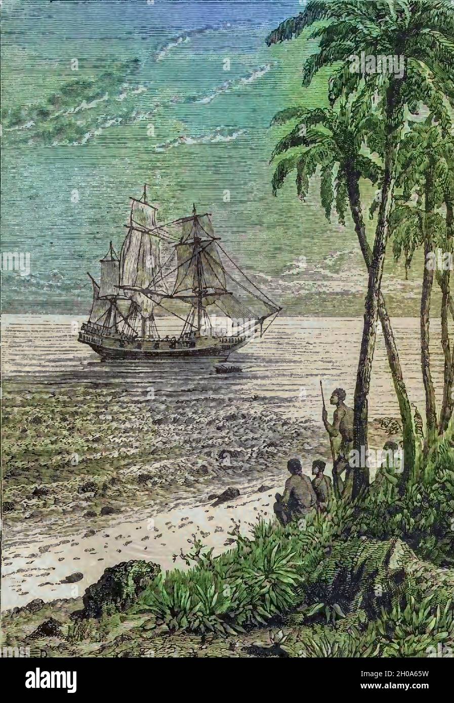 Die Bounty nähert sich der Küste HMS Bounty, auch bekannt als HM Armed Vessel Bounty, war ein kleines Handelsschiff, das die Royal Navy 1787 für eine botanische Mission kaufte. Das Schiff wurde unter dem Kommando von William Bligh in den Südpazifik geschickt, um Brotfruchtpflanzen zu erwerben und nach Westindien zu transportieren. Diese Mission wurde aufgrund einer Meuterei von 1789, die von dem amtierenden Leutnant Fletcher Christian angeführt wurde, nicht abgeschlossen, ein Vorfall, der heute im Volksmund als Meuterei auf der Bounty bekannt ist. Die Meuterer verbrannten Bounty später, als sie auf Pitcairn Island vor Anker lag. Stockfoto
