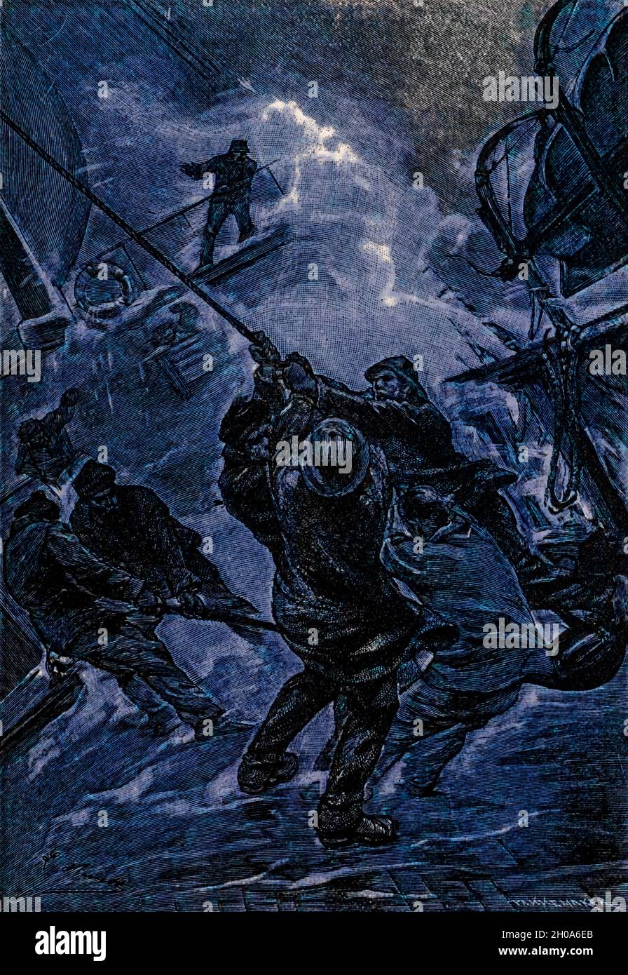 Der Tornado wurde aus dem Buch „Mistress Branican“ von Jules Verne, illustriert von Leon Benet, großartig. Die Geschichte beginnt in den Vereinigten Staaten, wo die Heldin, Herrin Branican, nach dem Tod durch Ertrinken ihres jungen Sohnes einen Nervenzusammenbruch erleidet. Bei ihrer Genesung erfährt sie, dass ihr Mann, Captain Branican, auf See verloren gemeldet wurde. Nachdem sie ein Vermögen erworben hat, kann sie eine Expedition starten, um nach ihrem Mann zu suchen, von dem sie überzeugt ist, dass er noch lebt. Sie führt die Expedition selbst und der Trail führt sie ins australische Hinterland. Herrin Branican (Französisch: Herrin Bra Stockfoto