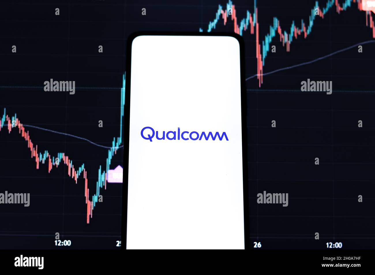 West Bangal, Indien - 09. Oktober 2021 : Qualcomm-Logo auf dem Telefonbildschirm. Stockfoto