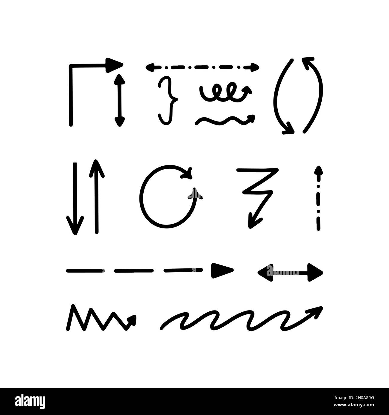 Handgezeichnetes dekoratives Pfeilsymbol. Vektordarstellung im Skizzenstil. Das Pfeilelement hat einen Bürstenstift gemalt. Isolierte Doodle-Linienkurve für Unternehmen Stock Vektor