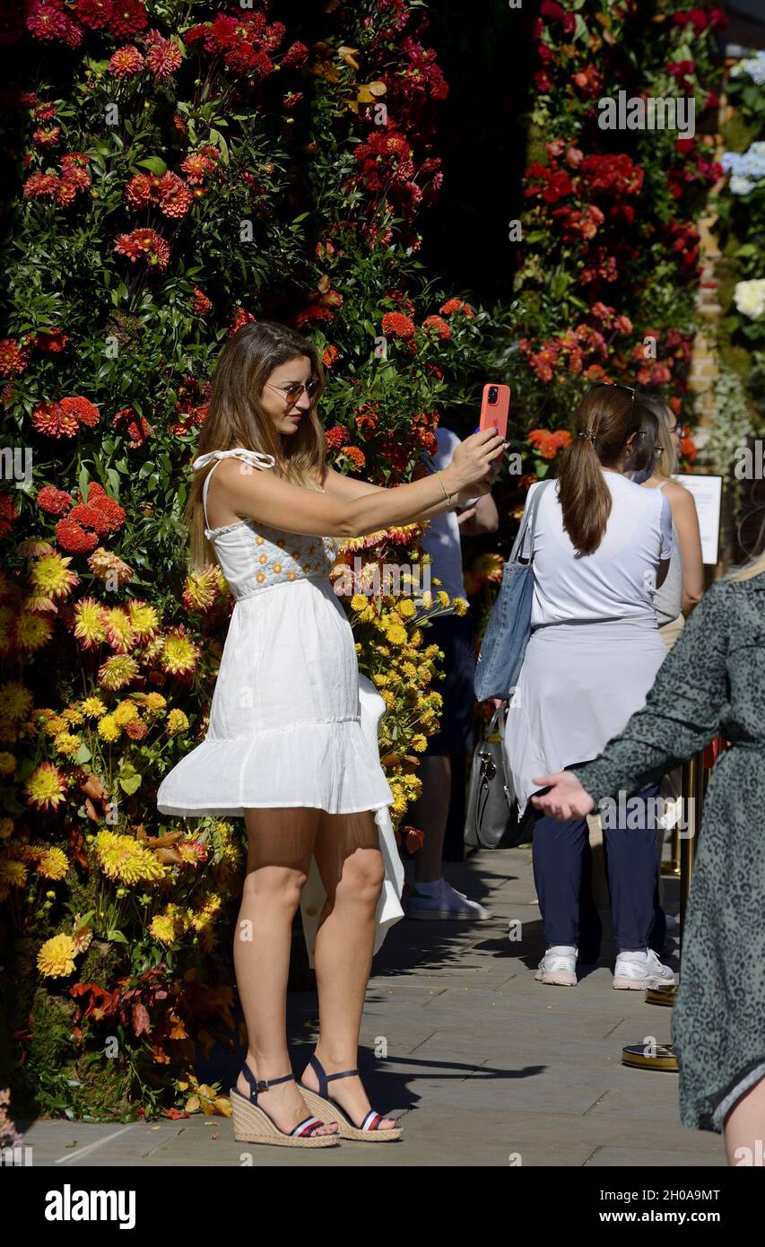 Die junge Frau, die während der jährlichen Blumenkunstshow Chelsea in Bloom ein Selfie auf ihrem Handy machte, und die Blumendusche in den Geschäften und Straßen von Chelsea Stockfoto