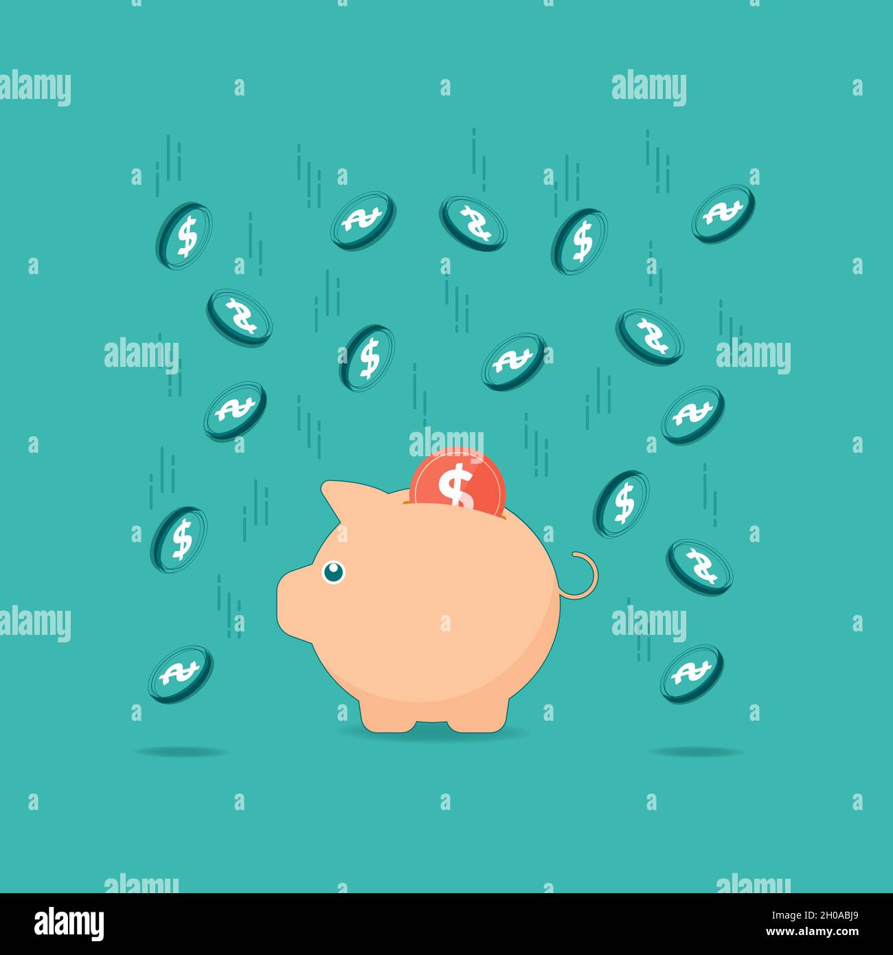 Sparschwein-Symbol mit fallender Münze als Vektorgrafik auf türkisblauem blauem Hintergrund. Sparen, in die Zukunft investieren oder Geld sparen oder eine Bank eröffnen Stock Vektor