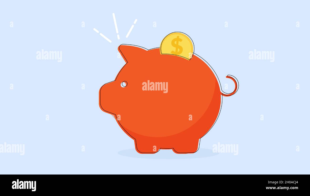 Sparschwein-Symbol mit Münzen-Vektor-Illustration isoliert auf blauem Hintergrund. Sparen, investieren in die Zukunft oder sparen Sie Geld oder eröffnen Sie ein Einzahlungskonzept. Stock Vektor