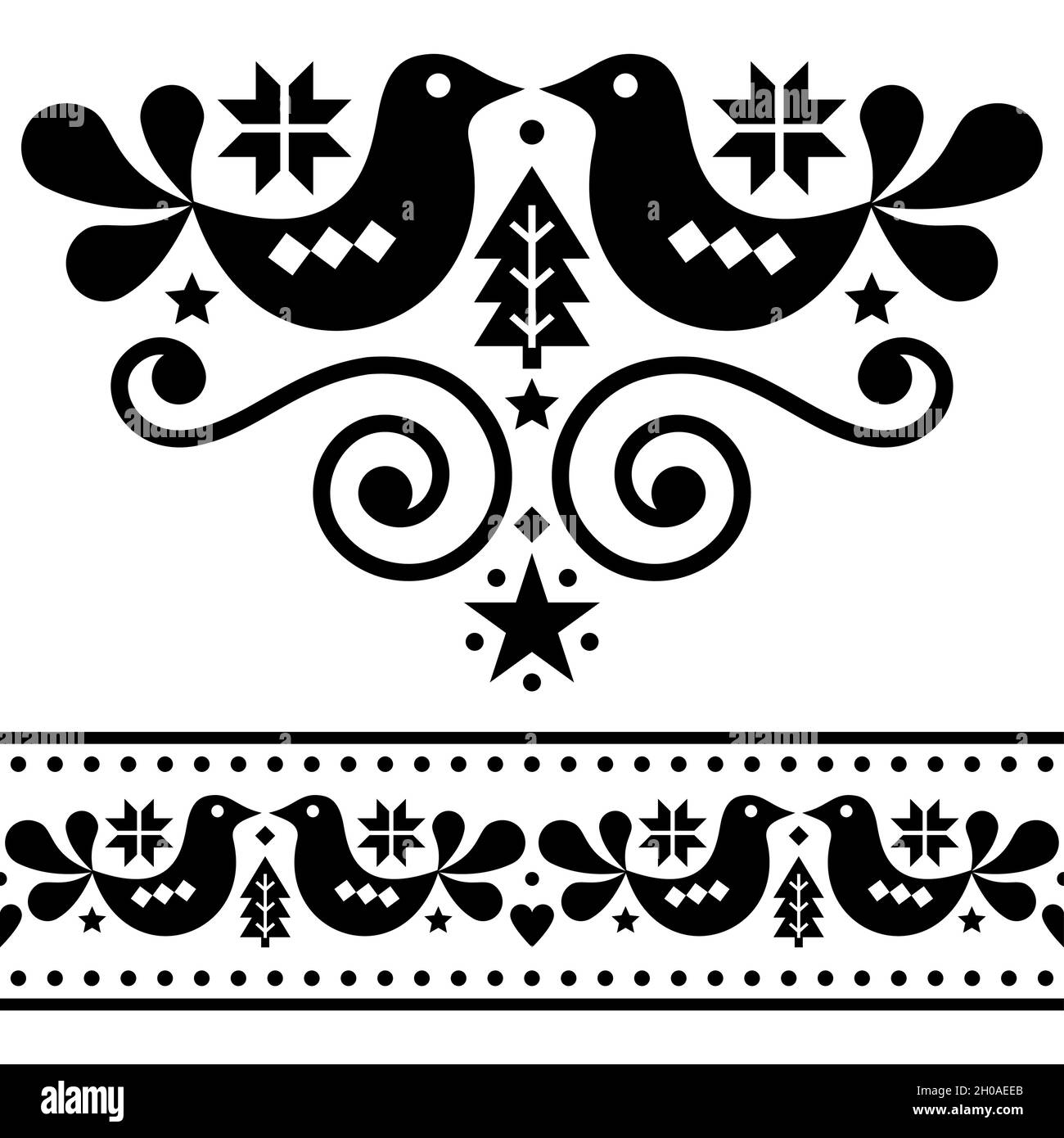 Skandinavische Weihnachten Folk Vektor-Design-Elemente, niedliche Blumenmuster mit Vögeln, Pinien und Schneeflocken in schwarz auf weißem Hintergrund Stock Vektor