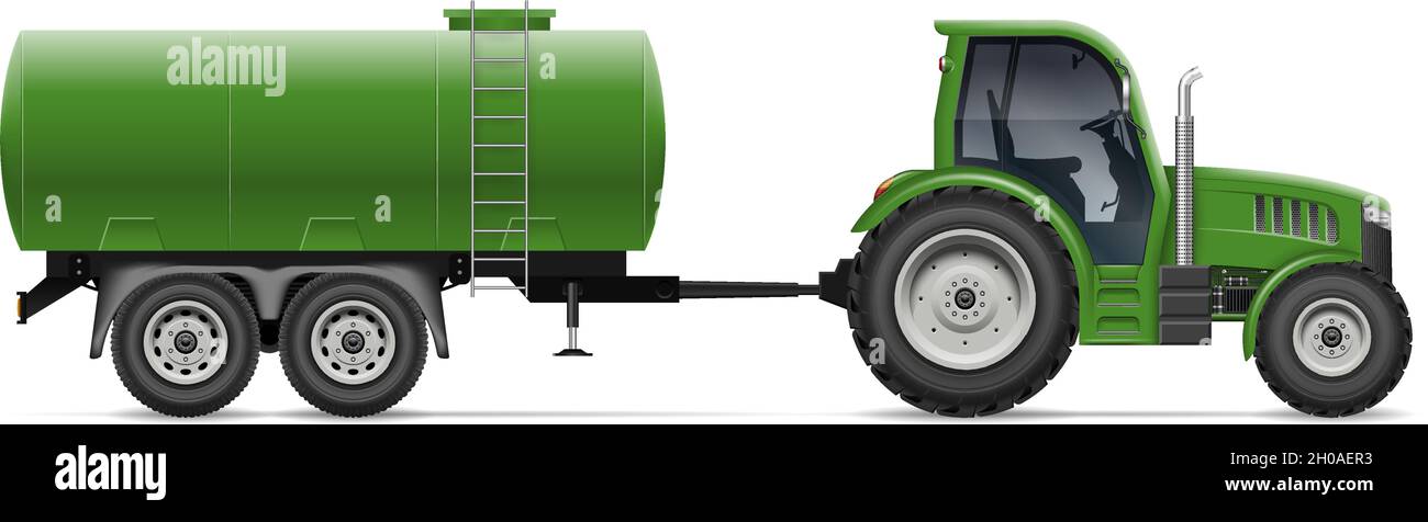 Traktor mit Tankvektor-Abbildung von der Seite. Modell für landwirtschaftliche Fahrzeuge, isoliert auf Weiß. Alle Elemente in den Gruppen auf separaten Ebenen Stock Vektor