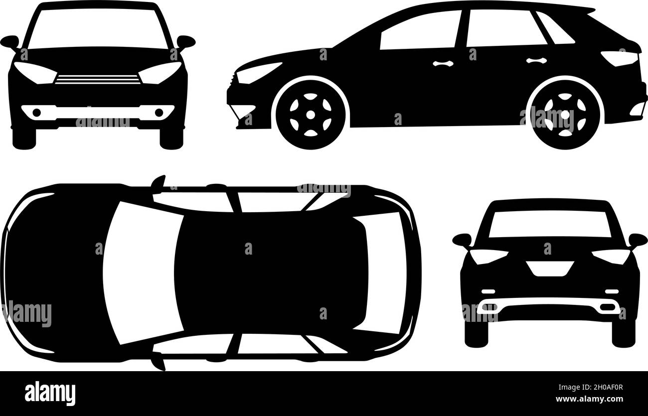 Crossover-Silhouette auf weißem Hintergrund. Fahrzeugsymbole stellen die Ansicht von der Seite, vorne, hinten und oben ein Stock Vektor