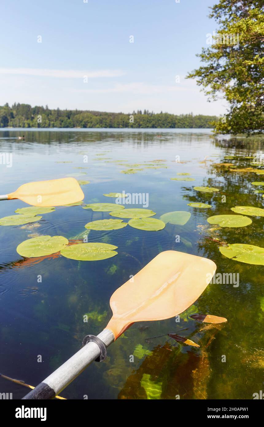Kajak paddelt über das Wasser, Ökotourismus-Konzept, selektiver Fokus. Stockfoto